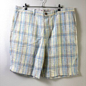 Tommy Bahama Chino Shorts Mens Size 40 Tan Blue Plaid Linen Blend Vacation Beach